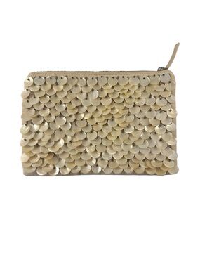 NEW Beige Sequin Shell Zip Clutch